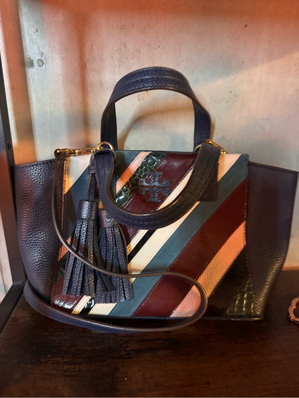 Tory Burch Striped Leather Satchel in Navy, Burgundy, Pink, Cream & Teal